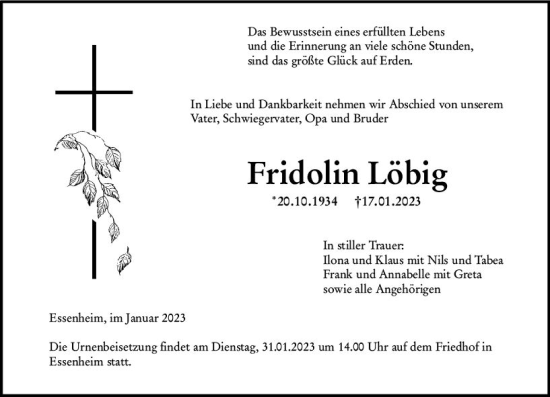 Traueranzeige von Fridolin Löbig von Allgemeine Zeitung Mainz