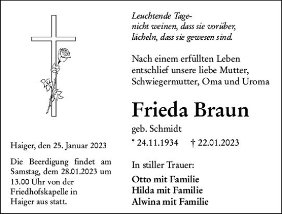 Traueranzeige von Frieda Braun von Dill Block