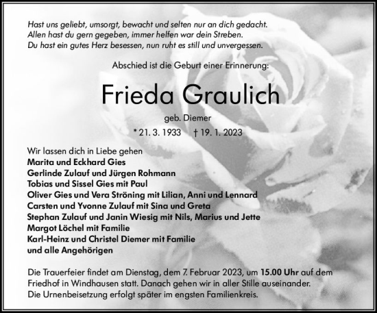 Traueranzeige von Frieda Graulich von VRM Trauer