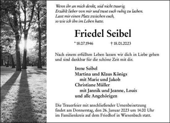 Traueranzeige von Friedel Seibel von Hinterländer Anzeiger