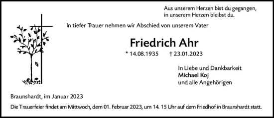 Traueranzeige von Friedrich Ahr von Darmstädter Echo