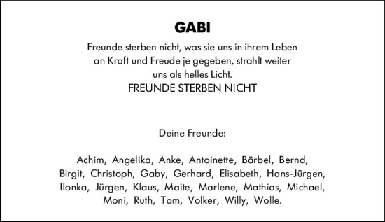Traueranzeige von Gabi  von Allgemeine Zeitung Mainz