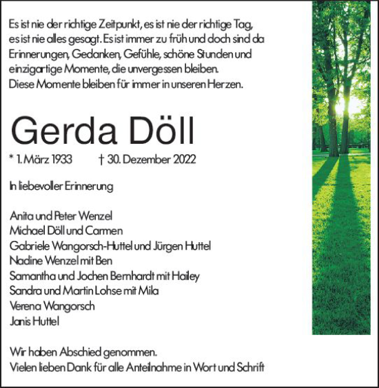 Traueranzeige von Gerda Döll von Wetzlarer Neue Zeitung