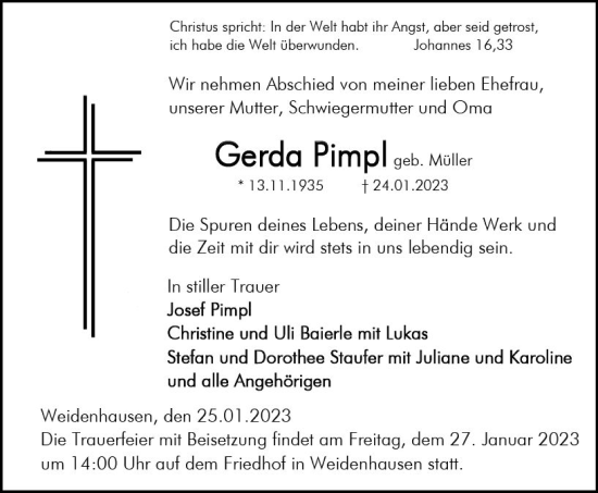 Traueranzeige von Gerda Pimpl von Hinterländer Anzeiger