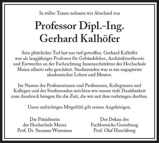 Traueranzeige von Gerhard Kalhöfer von Allgemeine Zeitung Mainz