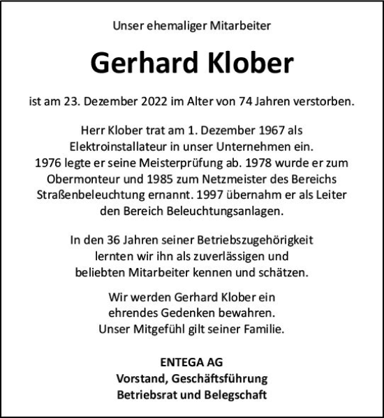 Traueranzeige von Gerhard Klober von Odenwälder Echo