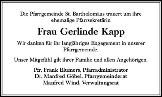 Traueranzeige von Gerlinde Kapp von DieburgerAnzeiger/Groß-Zimmerner Lokalanzeiger