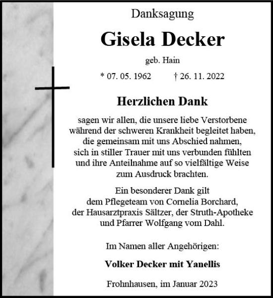 Traueranzeige von Gisela Decker von Dill Block