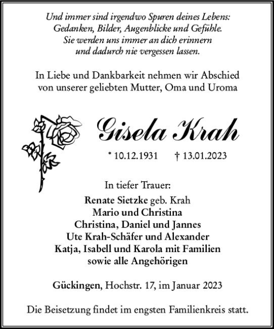 Traueranzeige von Gisela Krah von Nassauische Neue Presse