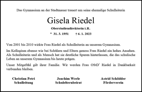 Traueranzeige von Gisela Riedel von Allgemeine Zeitung Bad Kreuznach