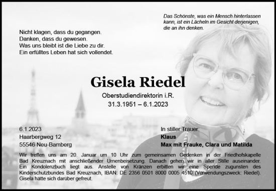 Traueranzeige von Gisela Riedel von Allgemeine Zeitung Bad Kreuznach