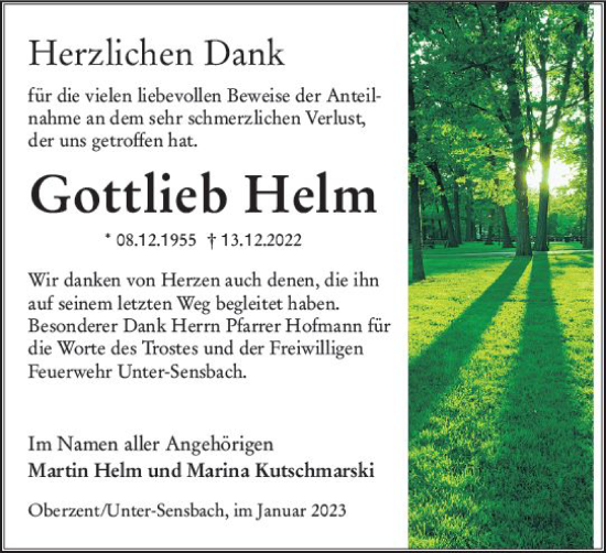 Traueranzeige von Gottlieb Helm von Odenwälder Echo