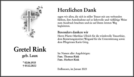 Traueranzeige von Gretel Rink von Hinterländer Anzeiger