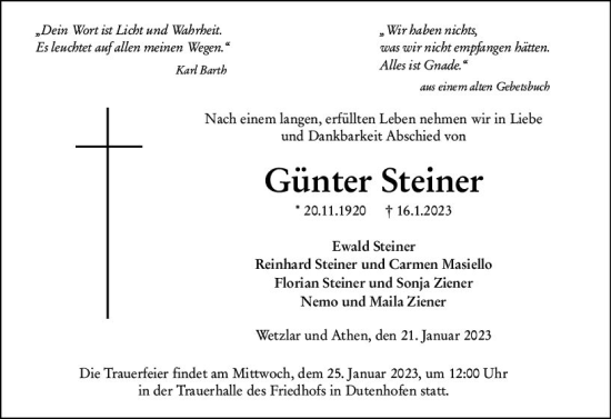 Traueranzeige von Günter Steiner von Wetzlarer Neue Zeitung