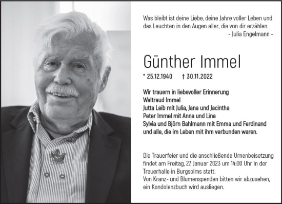 Traueranzeige von Günther Immel von Wetzlarer Neue Zeitung