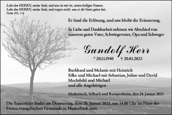 Traueranzeige von Gundolf Herr von Dill Block