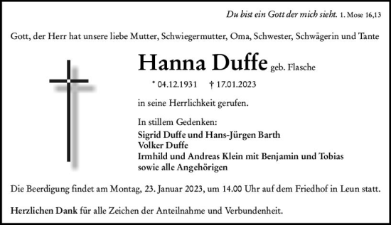 Traueranzeige von Hanna Duffe von Wetzlarer Neue Zeitung