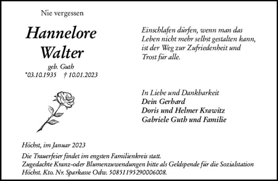 Traueranzeige von Hannelore Walter von Odenwälder Echo