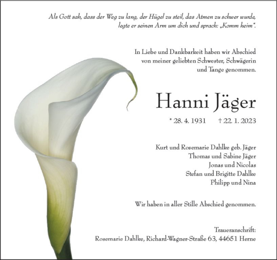 Traueranzeige von Hanni Jäger von Hinterländer Anzeiger