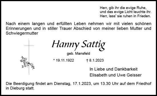 Traueranzeige von Hanny Sattig von DieburgerAnzeiger/Groß-Zimmerner Lokalanzeiger