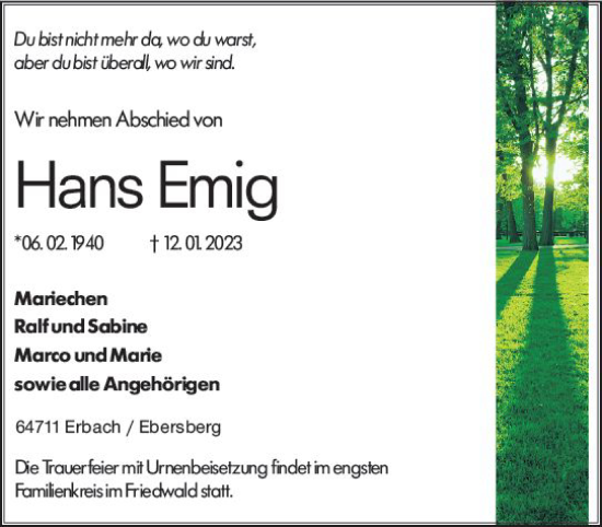 Traueranzeige von Hans Emig von Odenwälder Echo