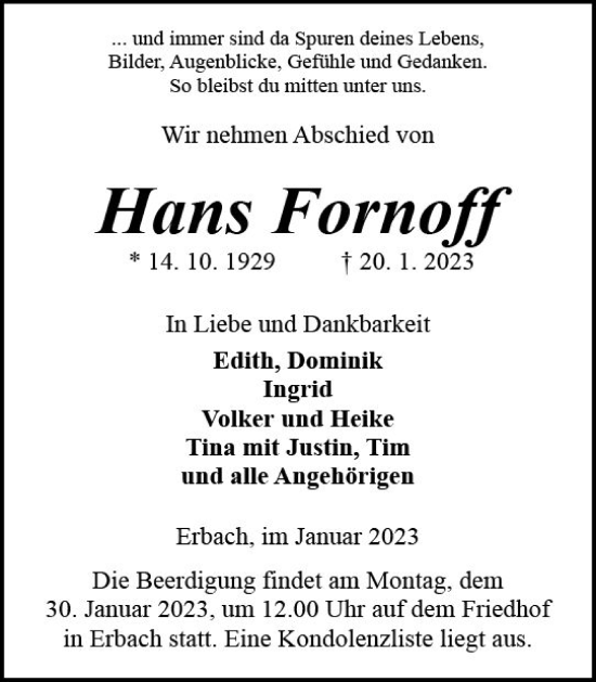 Traueranzeige von Hans Fornoff von Odenwälder Echo