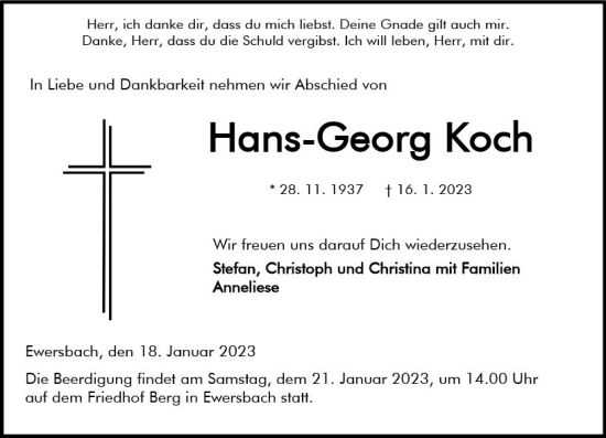 Traueranzeige von Hans-Georg Koch von Dill Block