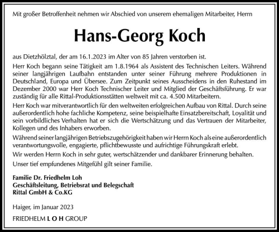 Traueranzeige von Hans-Georg Koch von Dill Block