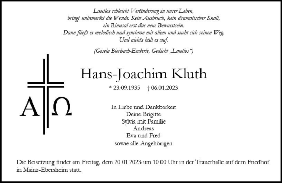 Traueranzeige von Hans-Joachim Kluth von Allgemeine Zeitung Mainz