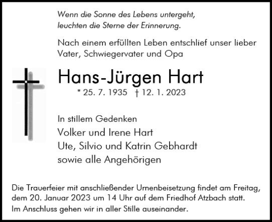 Traueranzeige von Hans-Jürgen Hart von Wetzlarer Neue Zeitung
