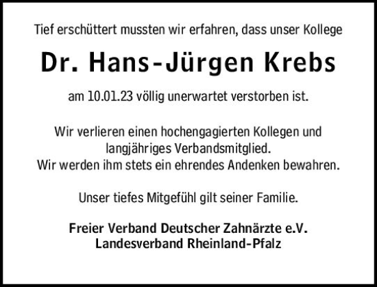 Traueranzeige von Hans-Jürgen Krebs von Allgemeine Zeitung Mainz
