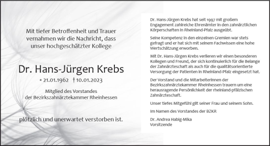 Traueranzeige von Hans-Jürgen Krebs von Allgemeine Zeitung Mainz