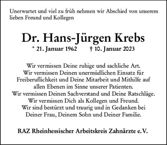 Traueranzeige von Hans-Jürgen Krebs von Allgemeine Zeitung Mainz