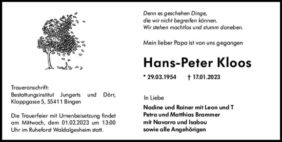 Traueranzeige von Hans-Peter Kloos von Bingen/Ingelheim Wochenblatt inkl. NBZ