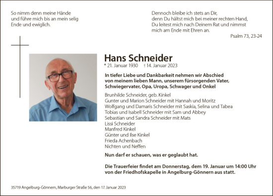 Traueranzeige von Hans Schneider von Hinterländer Anzeiger