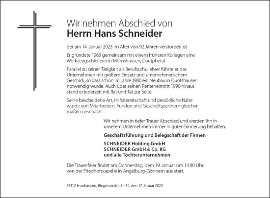 Traueranzeige von Hans Schneider von Hinterländer Anzeiger