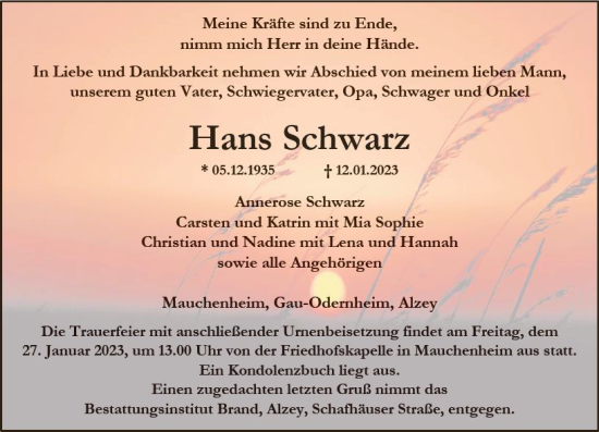 Traueranzeige von Hans Schwarz von Allgemeine Zeitung Alzey