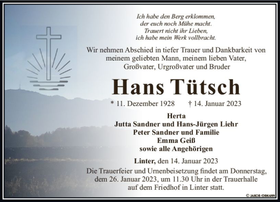 Traueranzeige von Hans Tütsch von Nassauische Neue Presse