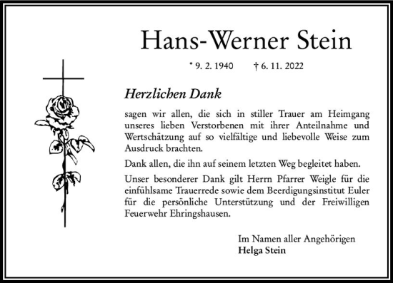 Traueranzeige von Hans-Werner Stein von VRM Trauer