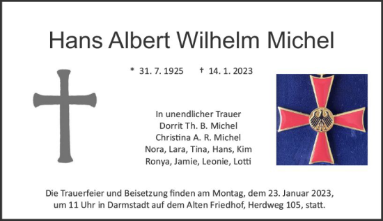 Traueranzeige von Hans Albert Wilhelm Michel von Darmstädter Echo