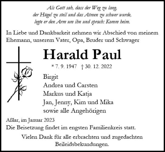 Traueranzeige von Harald Paul von Wetzlarer Neue Zeitung