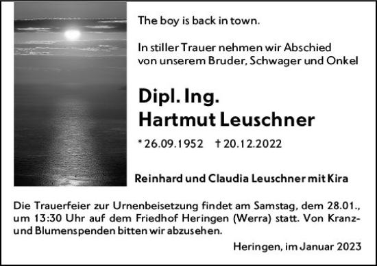 Traueranzeige von Hartmut Leuschner von Darmstädter Echo