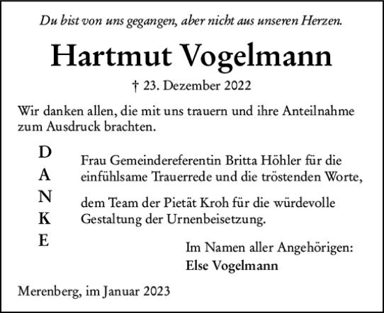 Traueranzeige von Hartmut Vogelmann von Weilburger Tageblatt