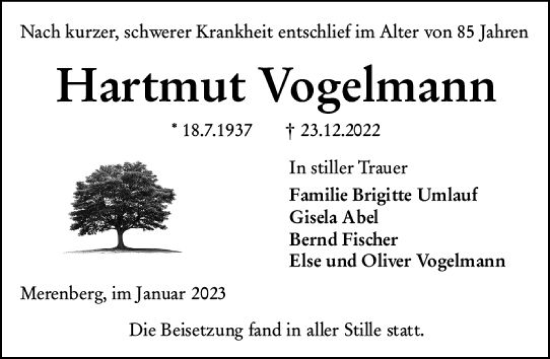 Traueranzeige von Hartmut Vogelmann von Weilburger Tageblatt