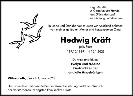 Traueranzeige von Hedwig Kräft von Nassauische Neue Presse