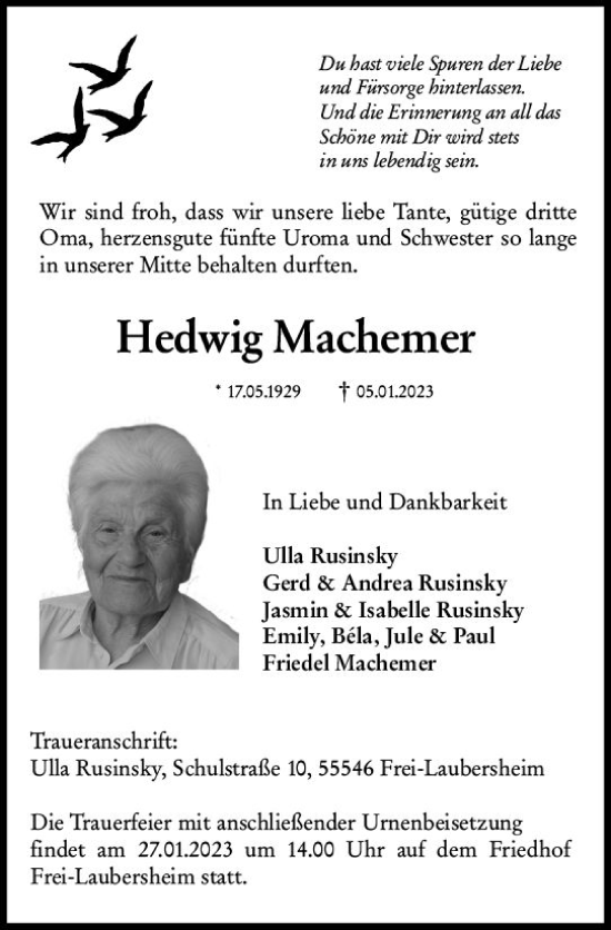 Traueranzeige von Hedwig Machemer von Allgemeine Zeitung Bad Kreuznach