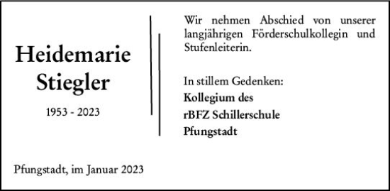 Traueranzeige von Heidemarie Stiegler von Darmstädter Echo