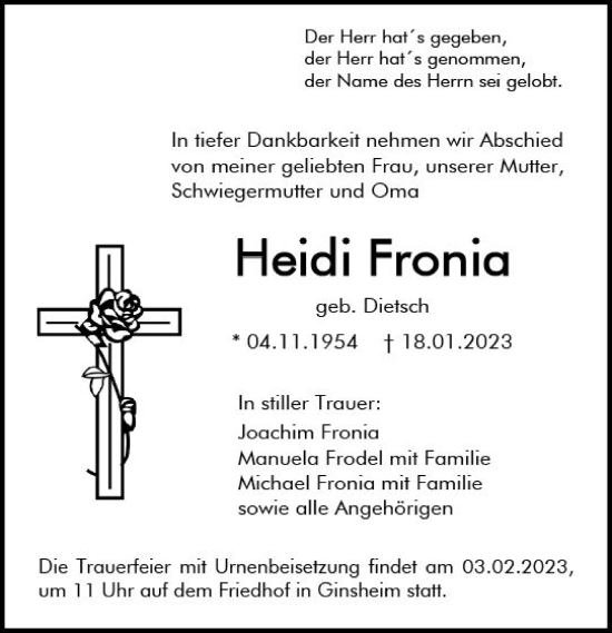 Traueranzeige von Heidi Fronia von Allgemeine Zeitung Mainz