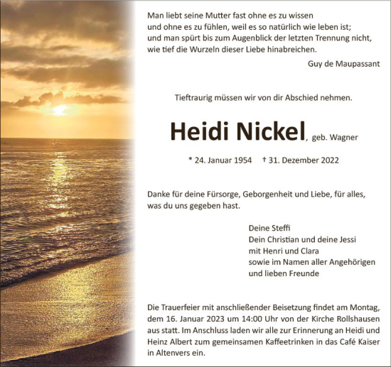 Traueranzeige von Heidi Nickel von Hinterländer Anzeiger