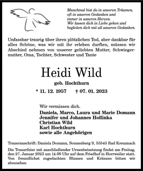 Traueranzeige von Heidi Wild von Allgemeine Zeitung Bad Kreuznach